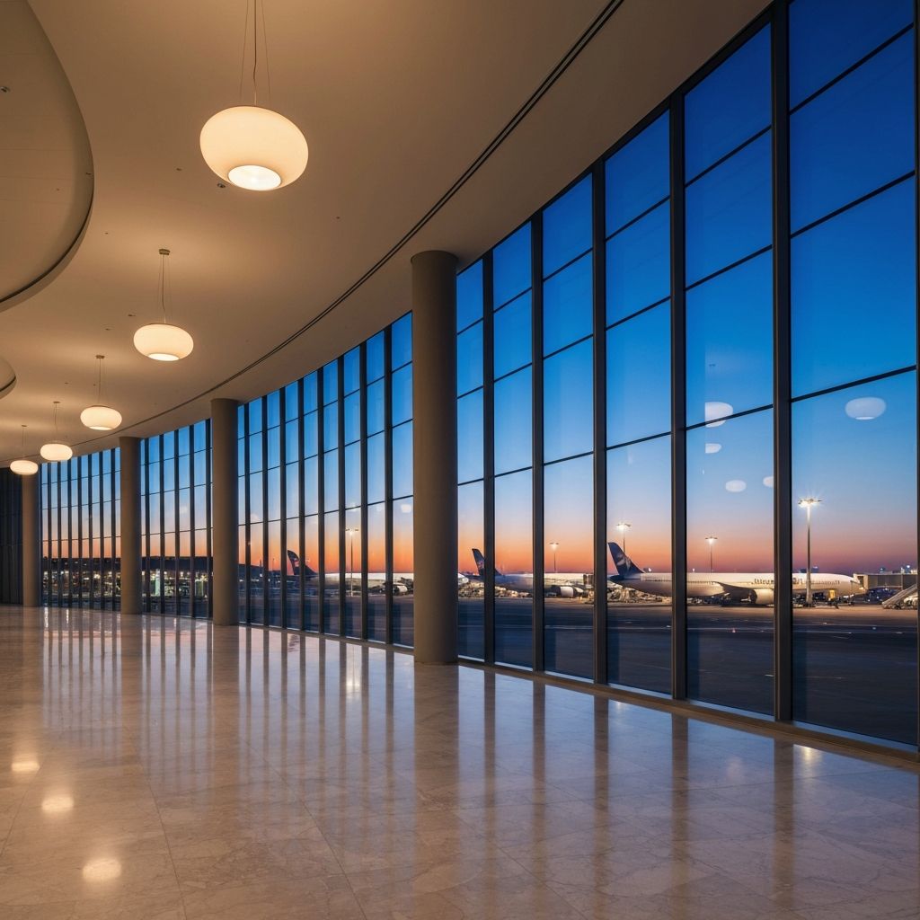 Modern international airport terminal at twilight
